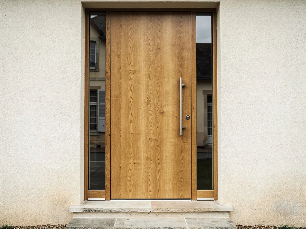 Porte d'entrée en chêne massif sur mesure avec poignée inox et ouvertures fixes latérales