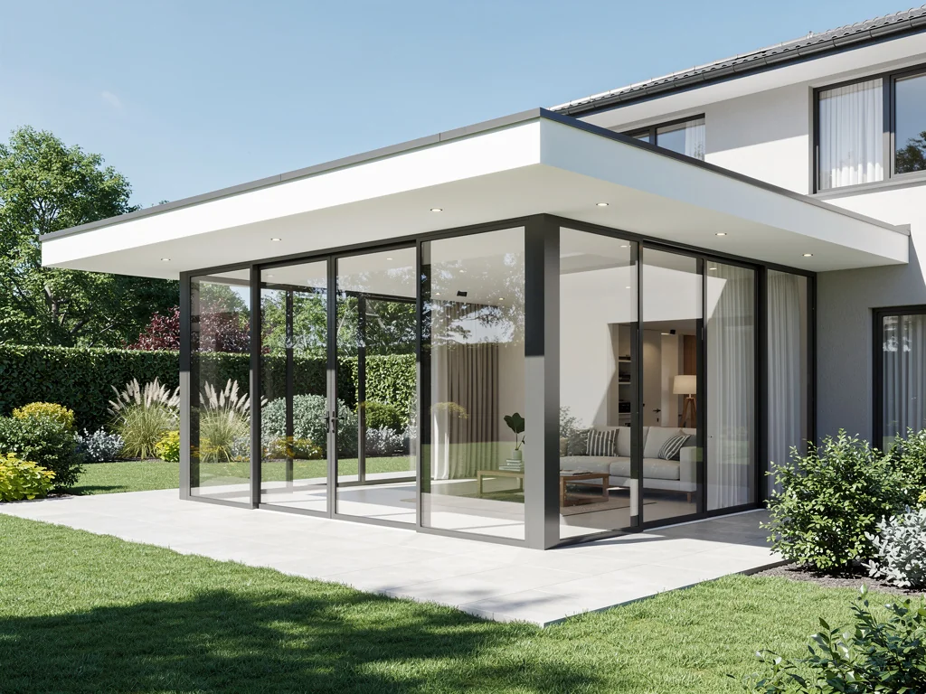 Véranda vitrée à toit plat en aluminium prolongeant le séjour côté jardin