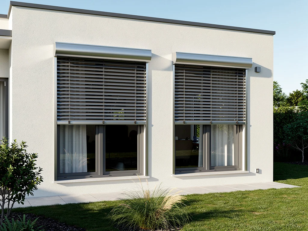 Volets roulants motorisés en aluminium au-dessus de fenêtres de pavillon